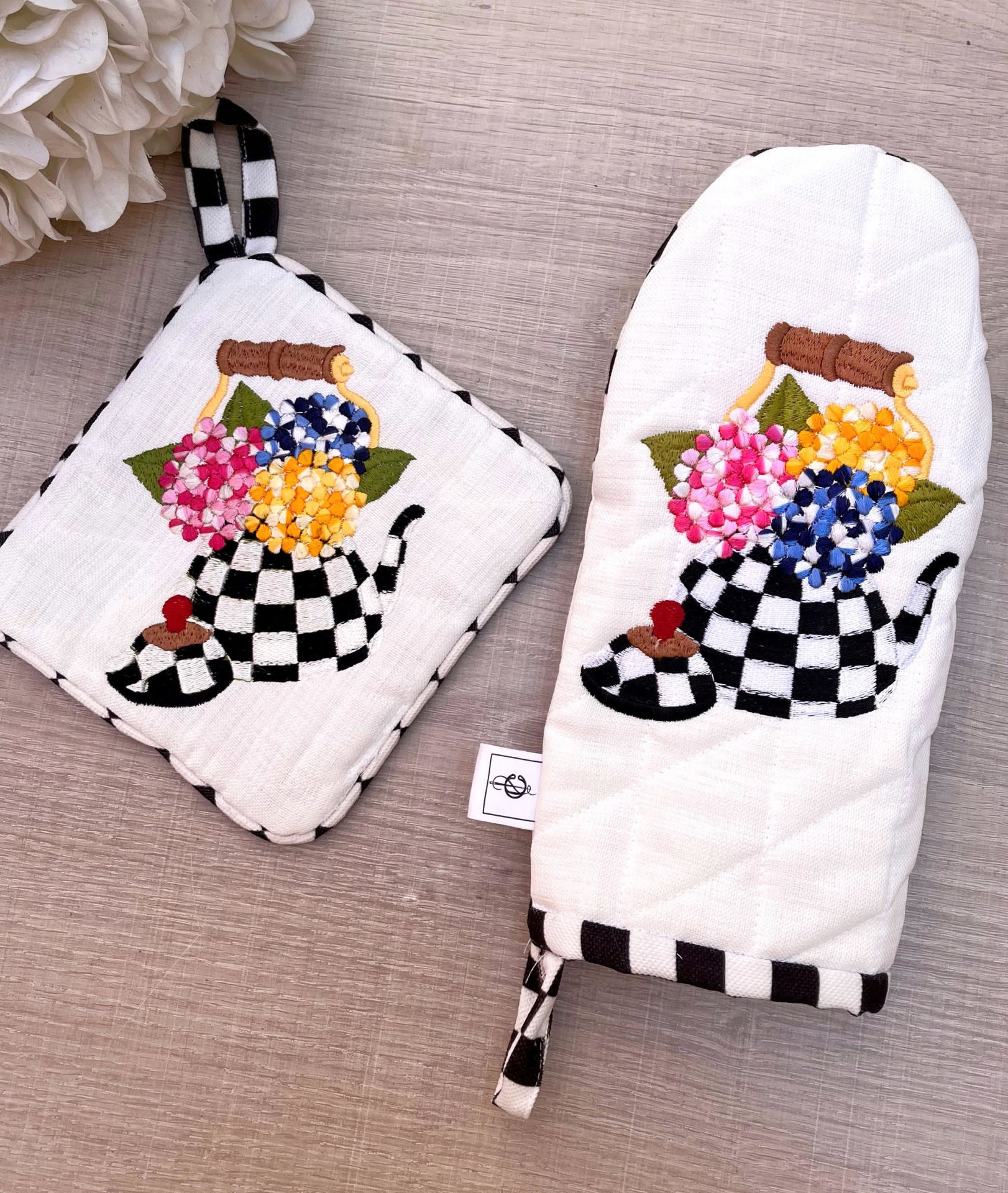 Eldiven- Tutacak Seti- Beyaz Ortanca Desenli