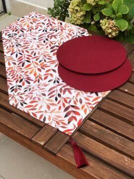 Kuru Yaprak Desenli Runner + 2 Adet Bordo Supla