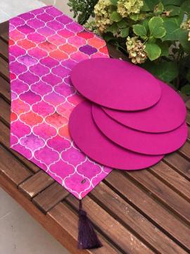 Pembe Tonlar Moroccan Desenli Runner + 4 Adet Fuşya Supla