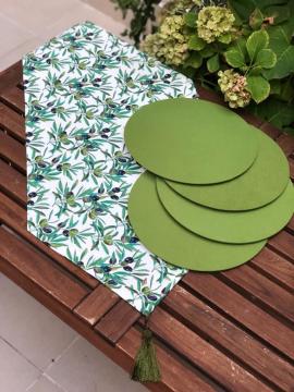 Zeytin Desenli Runner + 4 Adet Yeşil Supla