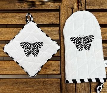 Siyah Beyaz Kelebekli Eldiven&Tutaç