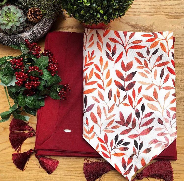 Bordo Masa Örtüsü + Sonbahar Yaprak Soft Runner