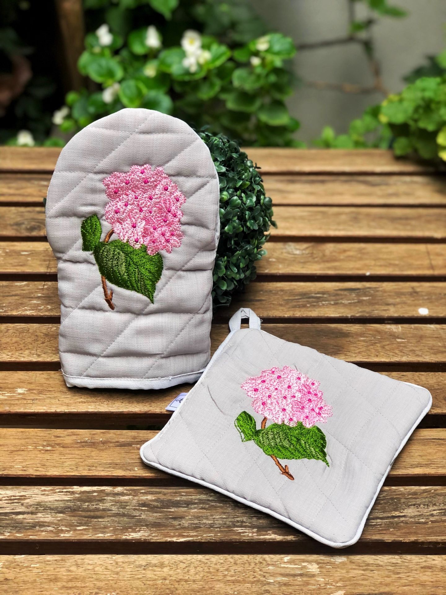 Pembe Ortanca Gri Kumaş Eldiven & Tutaç