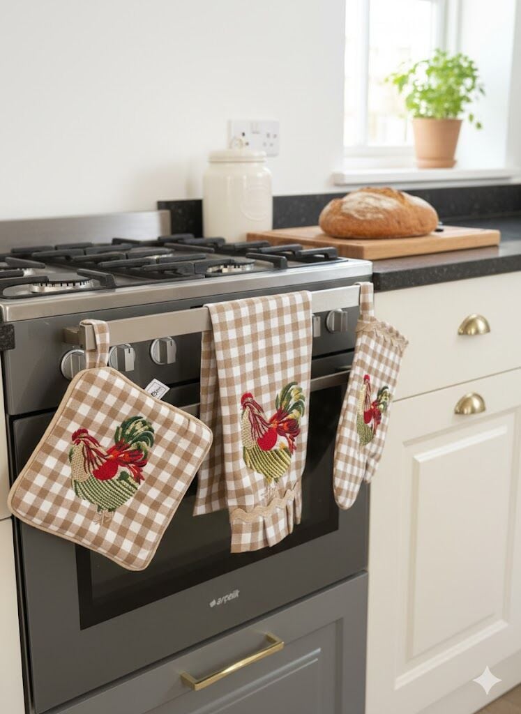 Çiftlik Esintili Nakışlı Horoz Desenli Mutfak Seti – 3 Parça