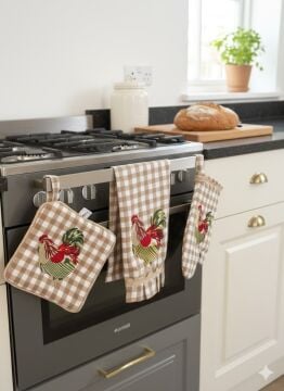 Çiftlik Esintili Nakışlı Horoz Desenli Mutfak Seti – 3 Parça