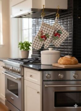 Çiftlik Esintili Nakışlı Horoz Desenli Mutfak Seti – 3 Parça