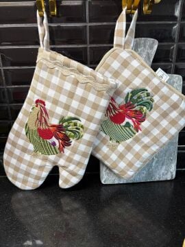 Çiftlik Esintili Nakışlı Horoz Desenli Mutfak Seti – 3 Parça