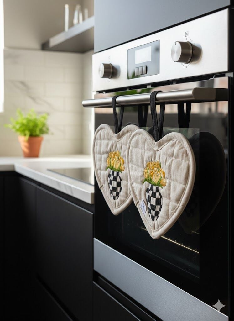 Kalp Formlu Nakışlı Mutfak Tutacağı - Sarı Çiçek & Damalı Vazo Serisi