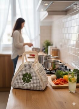 Kazayağı Desenli ve Yonca Nakışlı Tasarım Tencere Taşıma Çantası