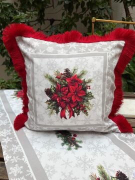 Yılbaşı Temalı Kırmızı Püsküllü Dekoratif Kırlent – Atatürk Çiçeği Desenli