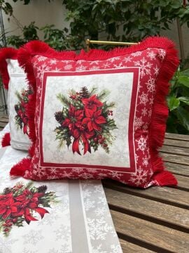 Yılbaşı Temalı Kırmızı Püsküllü Dekoratif Kırlent – Atatürk Çiçeği Desenli