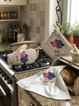 3’lü Ortanca Nakışlı Mutfak Seti - Mutfağınıza Bahar Geliyor