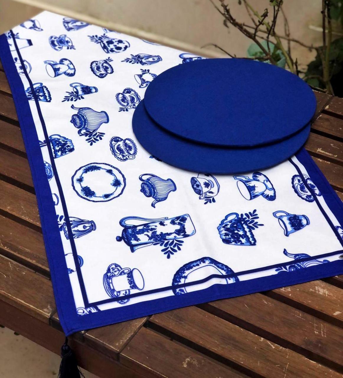 Fincan Desenli Runner + 2 Adet Saks Mavi Supla