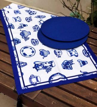 Fincan Desenli Runner + 2 Adet Saks Mavi Supla