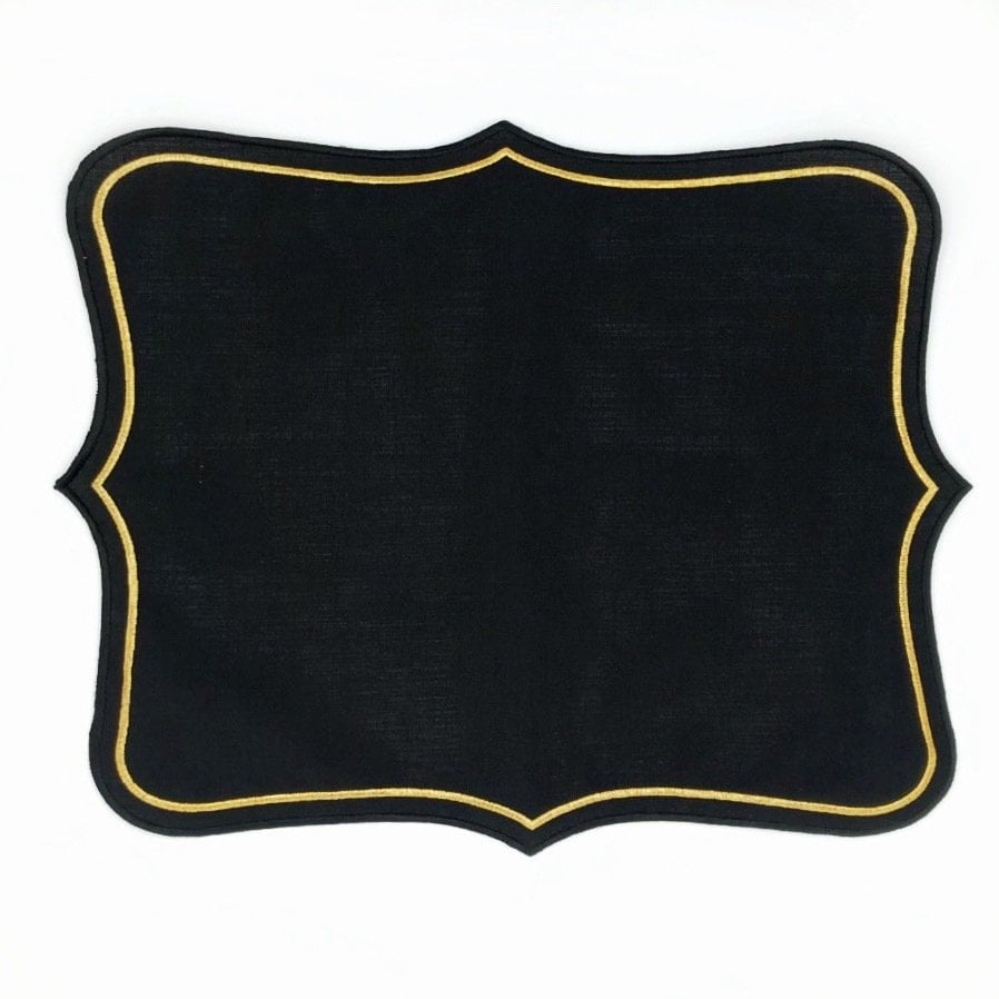 Siyah Üzeri Gold Şerit İşlemeli Dikdörtgen Keten Servis