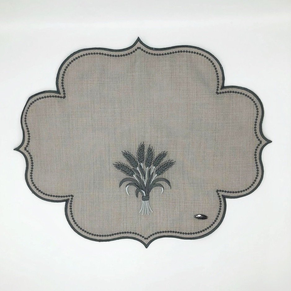 Gri Puntolu Başak İşlemeli Keten Servis