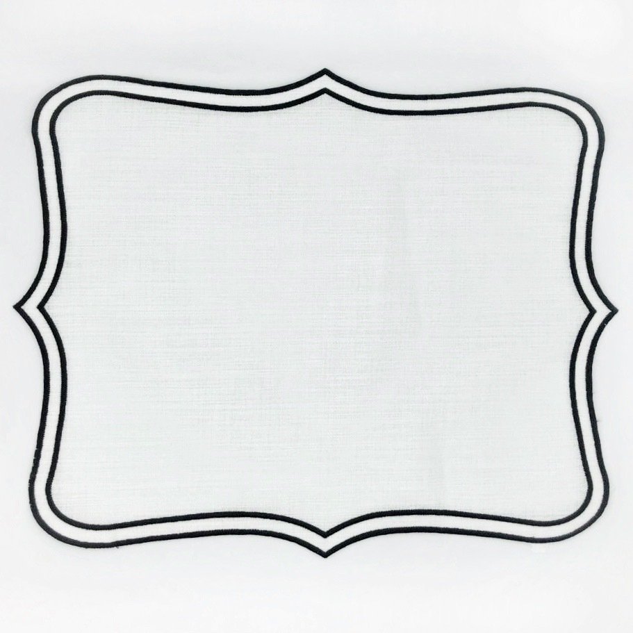 Ekru Üzeri Siyah Şerit İşlemeli Keten Servis